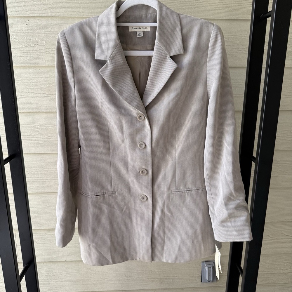 Corporate Minimalist Women's Taupe‎ Pinstripe Blazer NWT Shoulder Pads Size 10